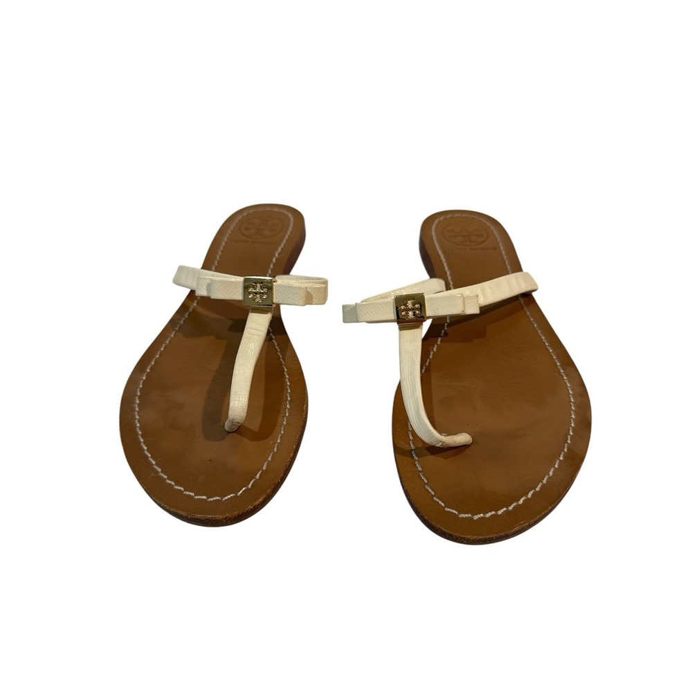 Tory Burch Leighanne Sandals Thong Ivory Leather Flats Shoes Size 8